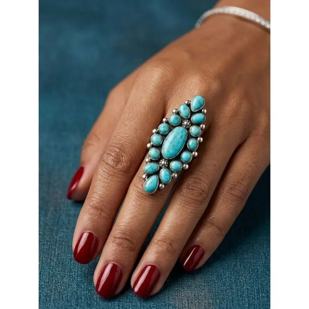 Stunning Southwestern Sterling Silver Turquoise Cluster Ring Statement Piece 7